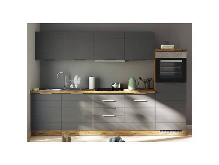 Küchenzeile Florenz III 300cm Grau/Matt Grau Induktion mit Elektrogeräten