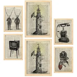 POSTER Set Mit 6 Jahrgang Vintage Papier Plakate Mit Enzyklopädie Revolutionäre Erfindungen Aus Dem Letzten Jahrhundert A3 & A4 Rahmen Aus Hellem Holz