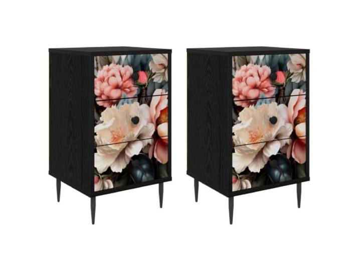 HFXHIJXQ Nachttisch 2er Set Schwarz Eichen-Optik 36x33x61 cm BORNE Praktisches 2er-Set Beistelltische für Schlafzimmer mit Stauraum und eleganten Stahlgriffen.