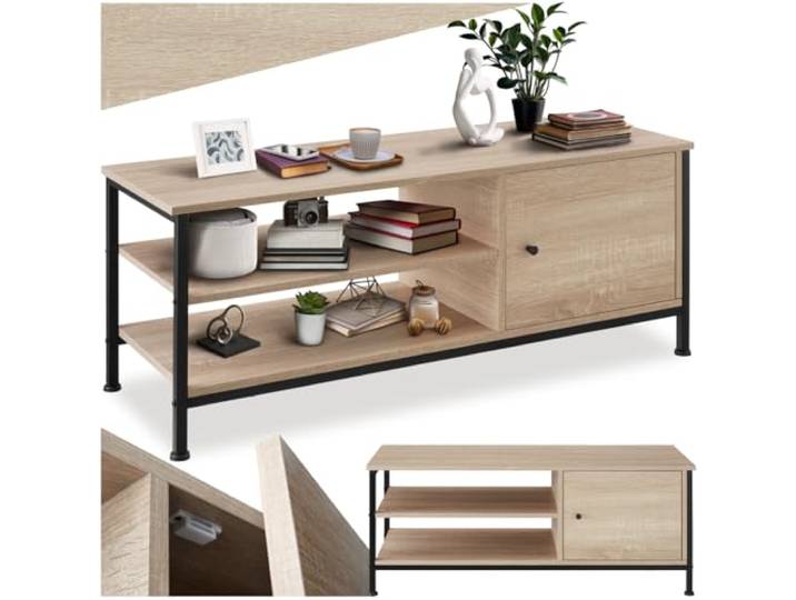 tectake® Industrial Möbel Lowboard, TV Schrank, Regal Kommode, Sideboard Wohnzimmer 110x40x45,5cm, Fernsehtisch, Möbel Schlafzimmer, TV Board (Industrial Holz hell, Eiche Sonoma)