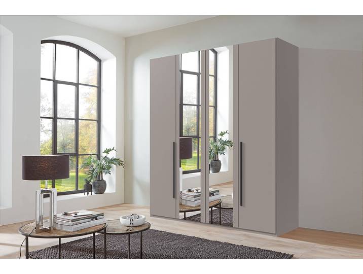 Armoire portes battantes London- Miroir 180cm Marron/Gris/Gris Sahara Basic Noir 2 miroir
