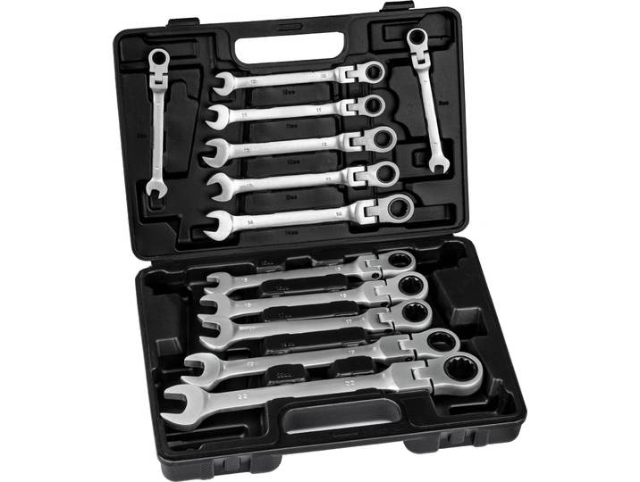 tectake® Ratschenschlüsselsatz 12-teilig inklusive Kunststoffkoffer
