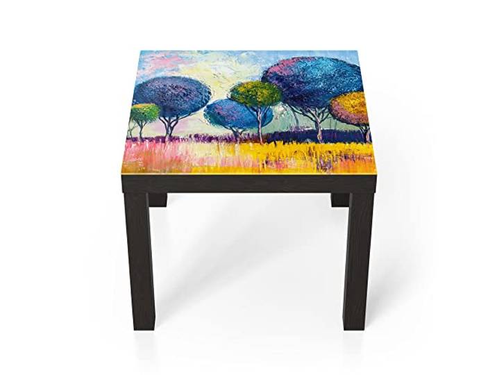DEQORI Glastisch schwarz klein 55x55 cm Motiv Kugelförmige Bäume ausgefallener Beistelltisch aus Glas Hochglanz Couchtisch fürs Wohnzimmer moderner Couch Tisch mit Design