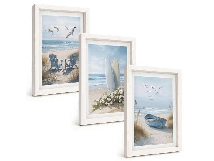 Tulup Bilder SET 3er Set - 20x30 cm Weißer Rahmen - Strand Surfbretter Vögel, Kunststoff, Rechteckig, 20x30 cm, gerahmt, Bilder & Rahmen, Bilder