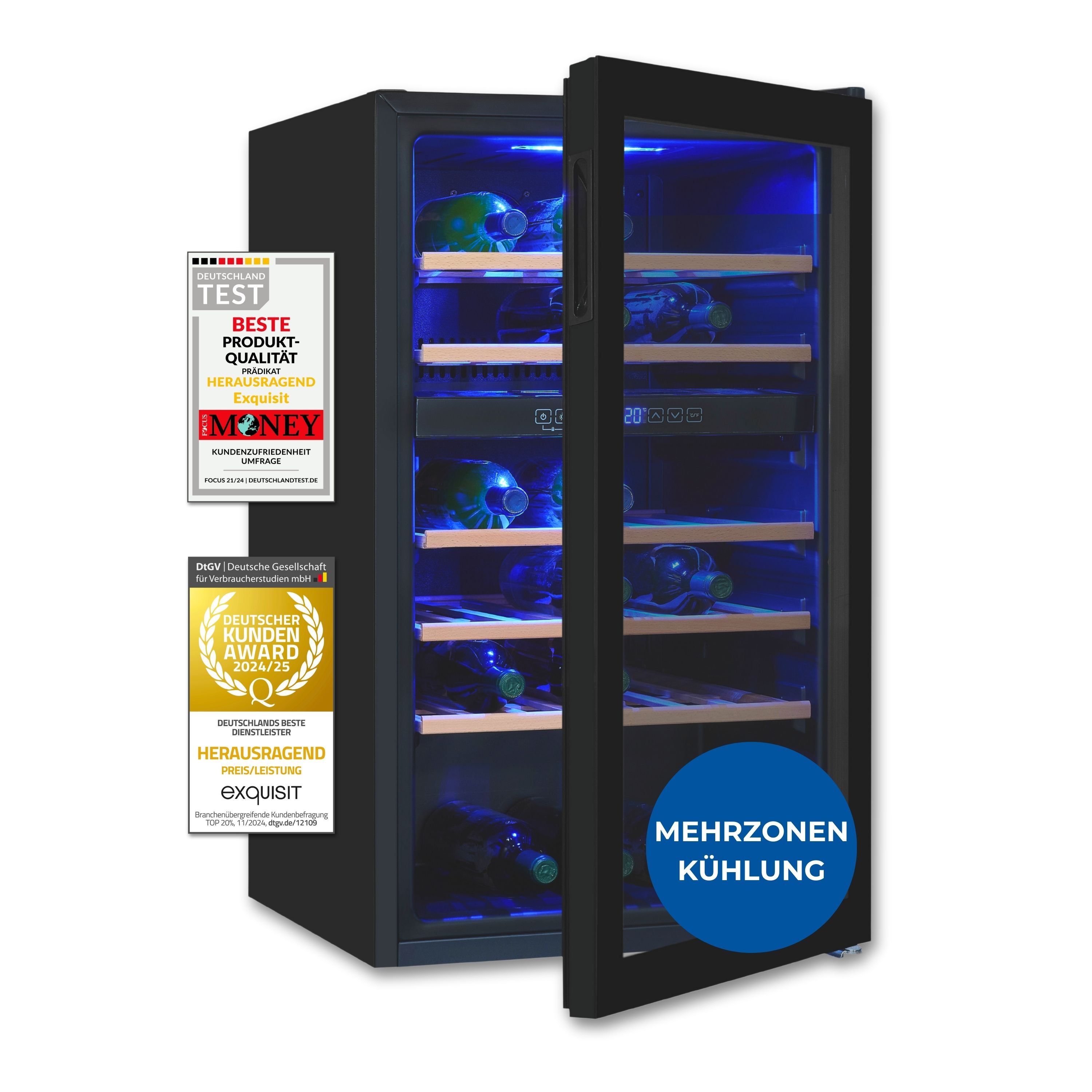 Exquisit Weinkühlschrank 2 Zonen, 45 Flaschen, 119 Liter, Umluftventilator, 5 Holzablagen, Digitale Temperaturanzeige, WS2-45-GTE-160G schwarz
