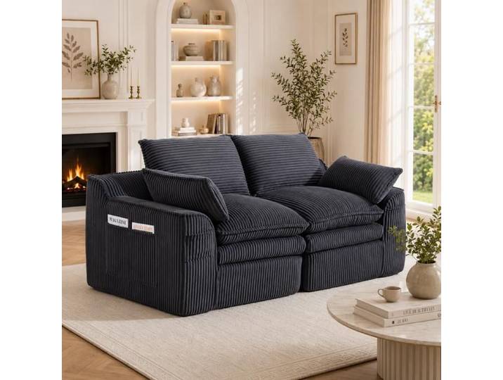 Canapé modulable 2 places - SOGEU - Modulable - Velours côtelé - Gris foncé - Coussins inclus