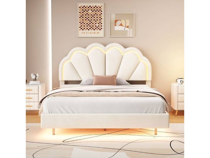 Lit 140×200 cm avec sommier à lattes cadre de lit double 140×200 cm éclairage LED tête de lit rembourrée beige velours