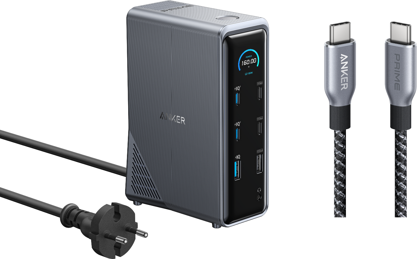 eufy Anker Prime Ladedock (14-in-1, Duales Display, 160W) + Anker Prime USB-C auf USB-C Kabel (0,9m, 240W, Upcycled-Flechtdesign) Schwarz