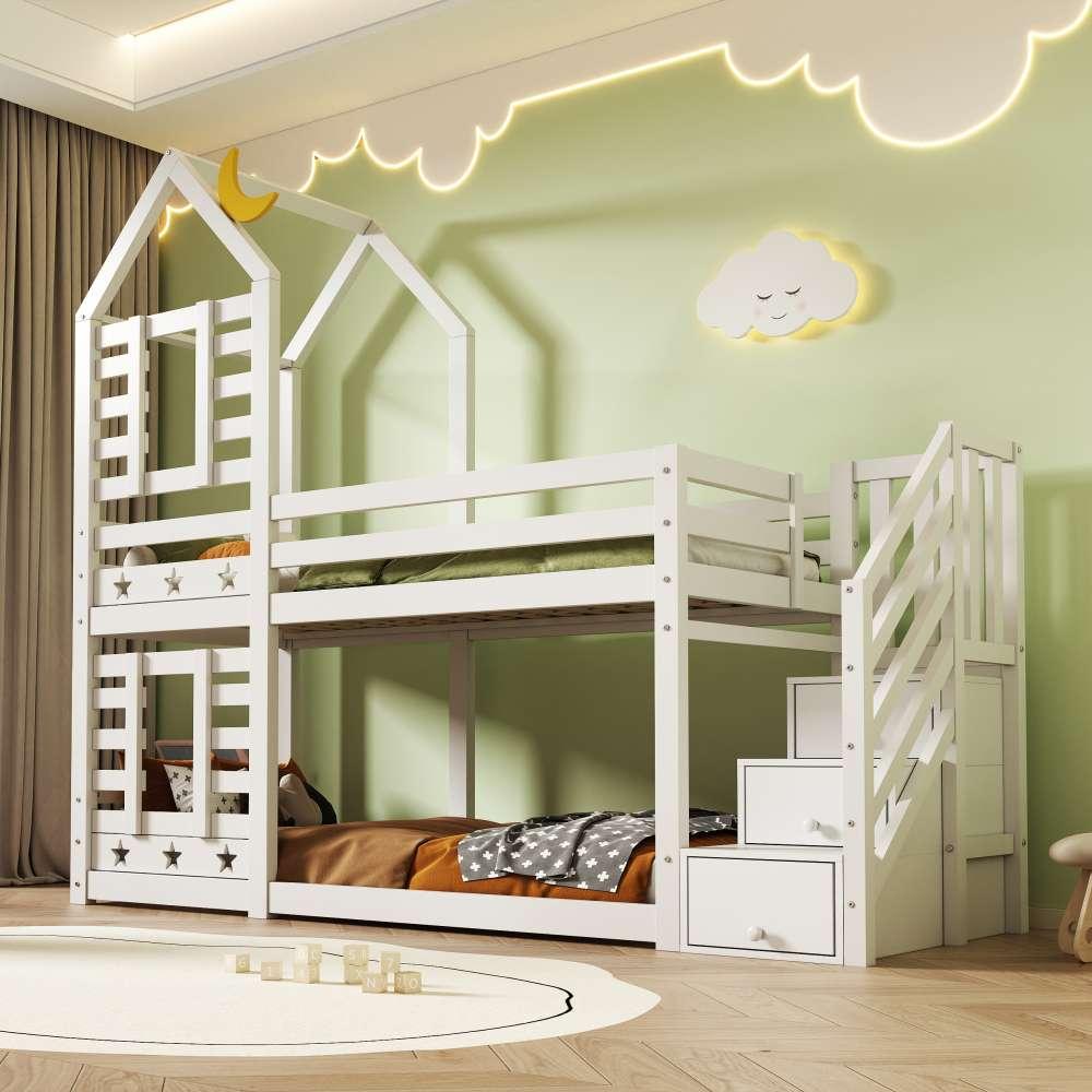 Hochwertiges Kinder-Etagenbett im Baumhaus-Stil mit Schubladen und Rausfallschutz, inkl. 2 Lattenrosten - Weiß, 90 x 200 cm