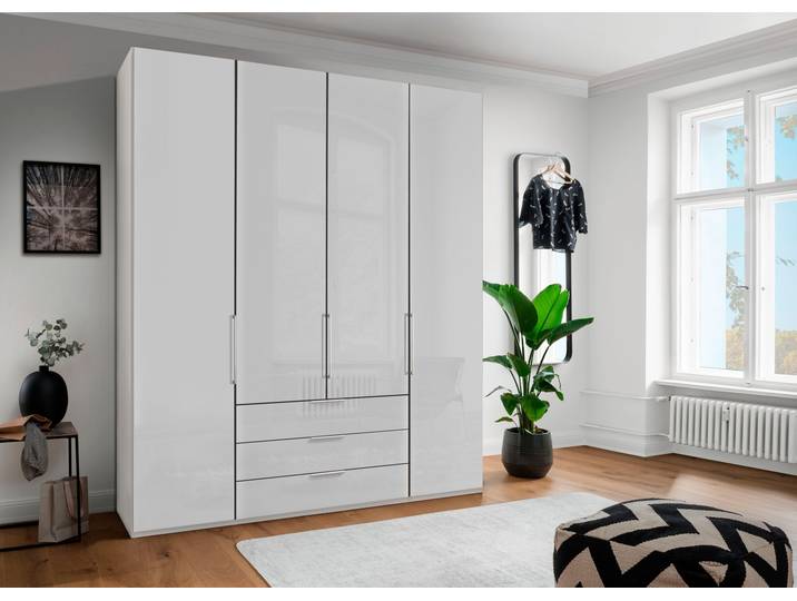 Falttürenschrank, Holzwerkstoff & Floatglas, Weiß, 197,4×236×58 cm, Mit Glasfront, Wiemann Monaco