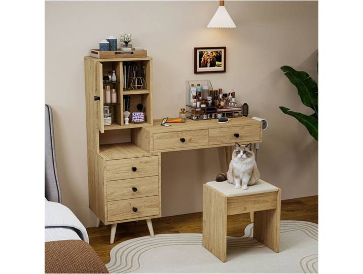 WUVRIE Coiffeuse avec miroir escamotable 5 tiroirs meuble latéral plateau extensible et tabouret beige