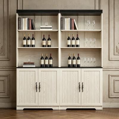 Freely Combine Set Of 2 PCS Tall Storage Bookcase, Height Adjustable Open Shelves & Closed Door Cabinet