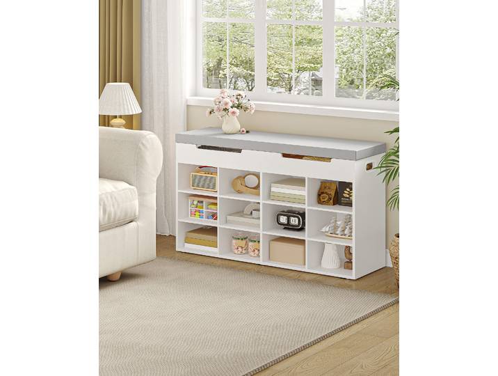 Banc de rangement pour chaussures avec siège rembourré, banc à chaussures avec 12 compartiments, rangement dissimulé, étagères réglables