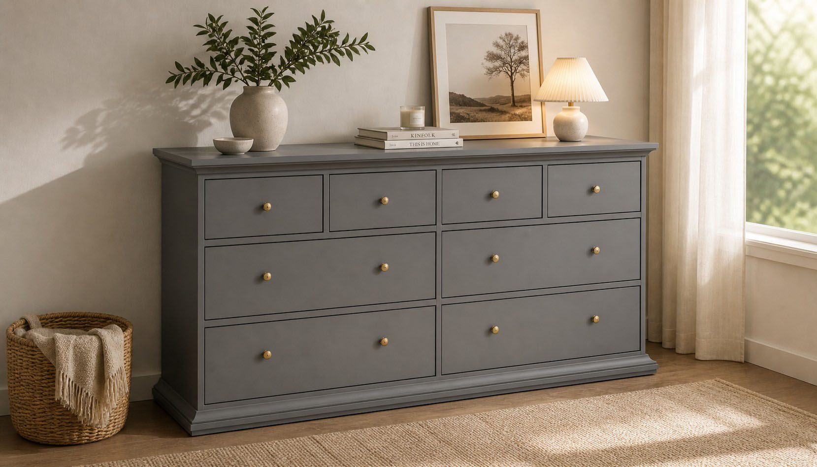 Kommode HOME AFFAIRE "Paris, Aufbewahrung, Schubladenschrank, Stauraum, mit 8 Schubladen", grau (matt grau), B:183,4cm H:86,9cm T:48,5cm, MDF, Sideboards, Kommode, Landhausstil, Elegant, geräumig, Breite 184 cm, Höhe 87 cm