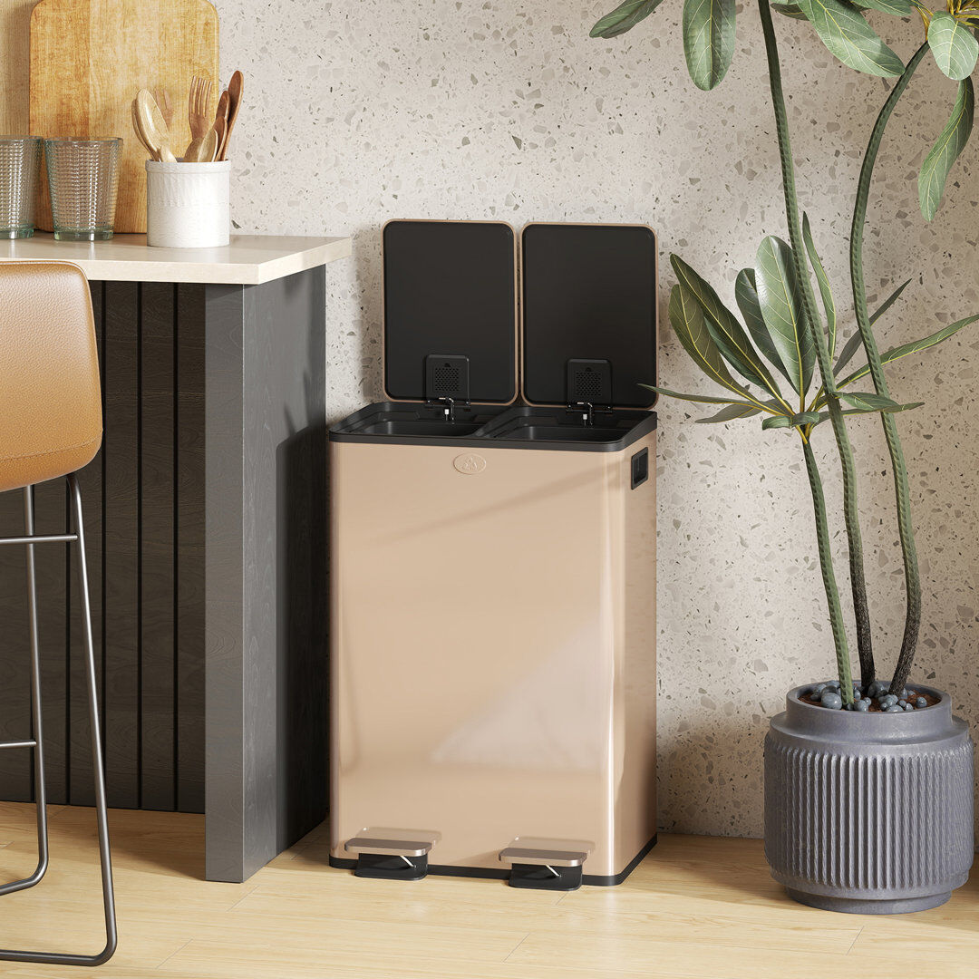 HOMCOM Steel,Plastic Multi-Compartments Rubbish & Recycling Bin Gold Tone
