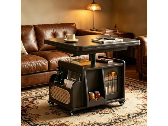 EBOYNSowAprr Höhenverstellbarer Couchtisch mit Stauraum & Rollen Lösung für kleine Räume, multifunktionaler rollbarer Holztisch(Black)