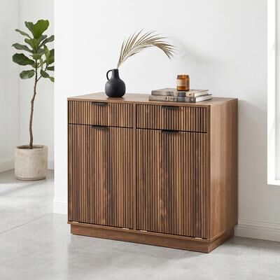 PARISLOFT "2-Drawer + 2-Tilt-Out Fluted Storage Cabinet with Dual 10-Gallon Bins (Trash/Laundry 2-in-1) - 39.4"" x 13.8"" x 34.3"""