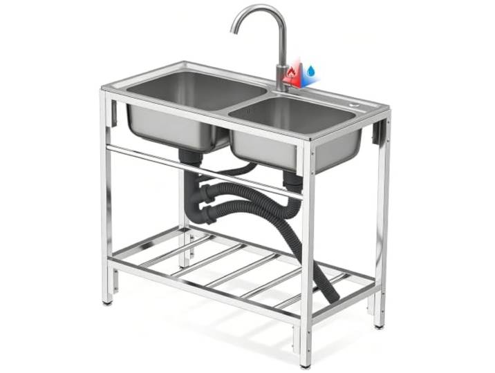 Outdoor-Küchenspüle aus Edelstahl Freistehendes Doppelbecken-Waschbecken for den gewerblichen Gebrauch mit heißem und kaltem Wasserhahn