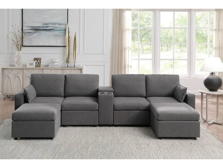 Wohnlandschaft GOODPRODUCT Ulrik, U-Form, Breite: 315cm , grau, B:315cm H:90cm T:136cm, 100% PES, Sofas, Wohnlandschaft, mit Stauraum unter den Sitzen, inkl Stauraumkonsole mit Becherhaltern