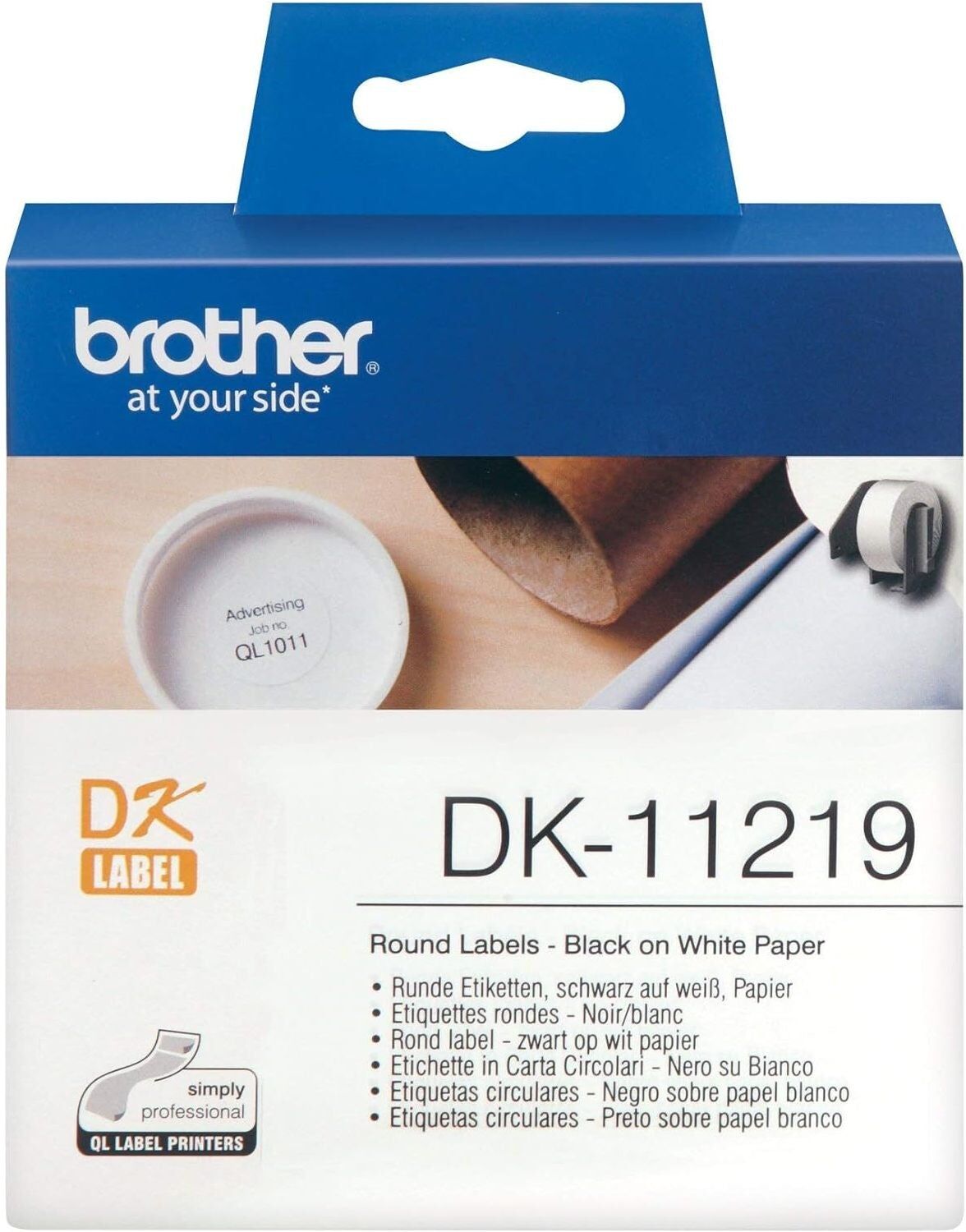 DK-11219 Label Roll – Round Labels, Black on White, 12mm, 1200 Labels, Genuine Brother Supplies