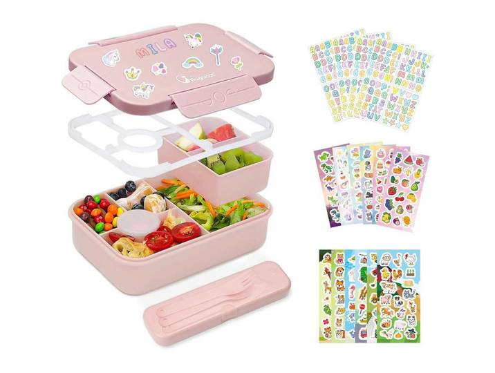 Brotdose Kinder mit Fächern 1300Ml, auslaufsicher, inkl. Besteckset und 16 Aufklebern, Rosa, Kunststoff, 15x5.5x22 cm, Küchenzubehör, Vorratsbehälter, Brotkästen