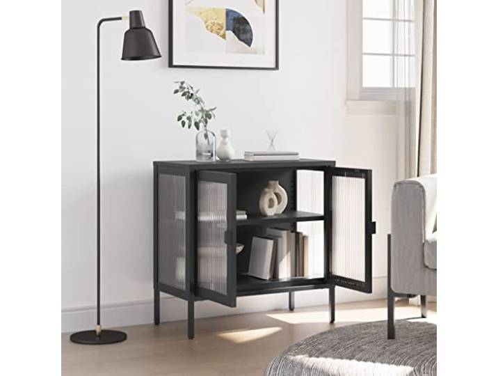 KTHLBRH Sideboard schwarz 70 x 35 x 70 cm Glas geriffelt Stahl 1 verstellbare Einlegeboden, Bodennivellierer, großer Stauraum, dekorative Ausstellung