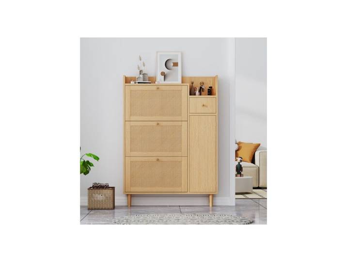 Meuble à Chaussures 90 cm – Rattan Naturel – 3 Portes Bascule + 1 Tiroir – Profondeur 17 cm – Idéal Entrée Étroite Pieds Bois Massif
