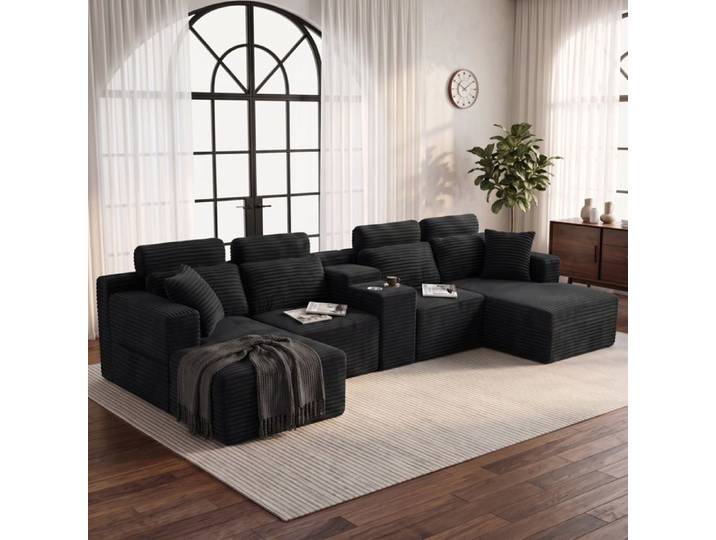 WOVREO Canapé sectionnel modulable en U 6 places velours côtelé noir double porte-gobelets