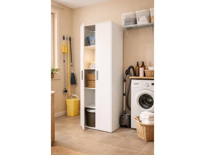 Happy Babies Utility-Schrank 60 cm Weiß Vorratsschrank für Staubsauger, Mopps & Reinigungsmittel 176 cm hoch – Laminierte 16 mm Platte, Mattes ABS-Finish (Weiß)