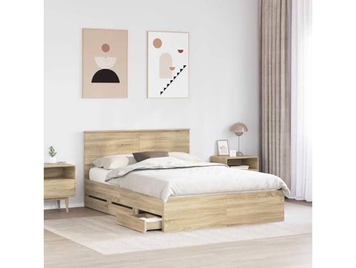 KTHLBRH Doppelbett mit Stauraum, Sonoma-Eiche, 150 x 200 cm Technisches Holz, 6 versteckte Schubladen, Lattenrost, minimalistischer Stil