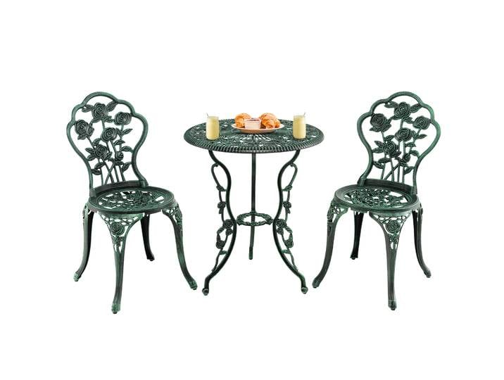 Salon de Jardin 3Pcs en Fonte Aluminium, Ensemble 2 Chaises et 1 Table Ronde Style Antique avec Motif Rose Chaise Charge 150 kg, pour Balcon Terasse Jardin, Vert