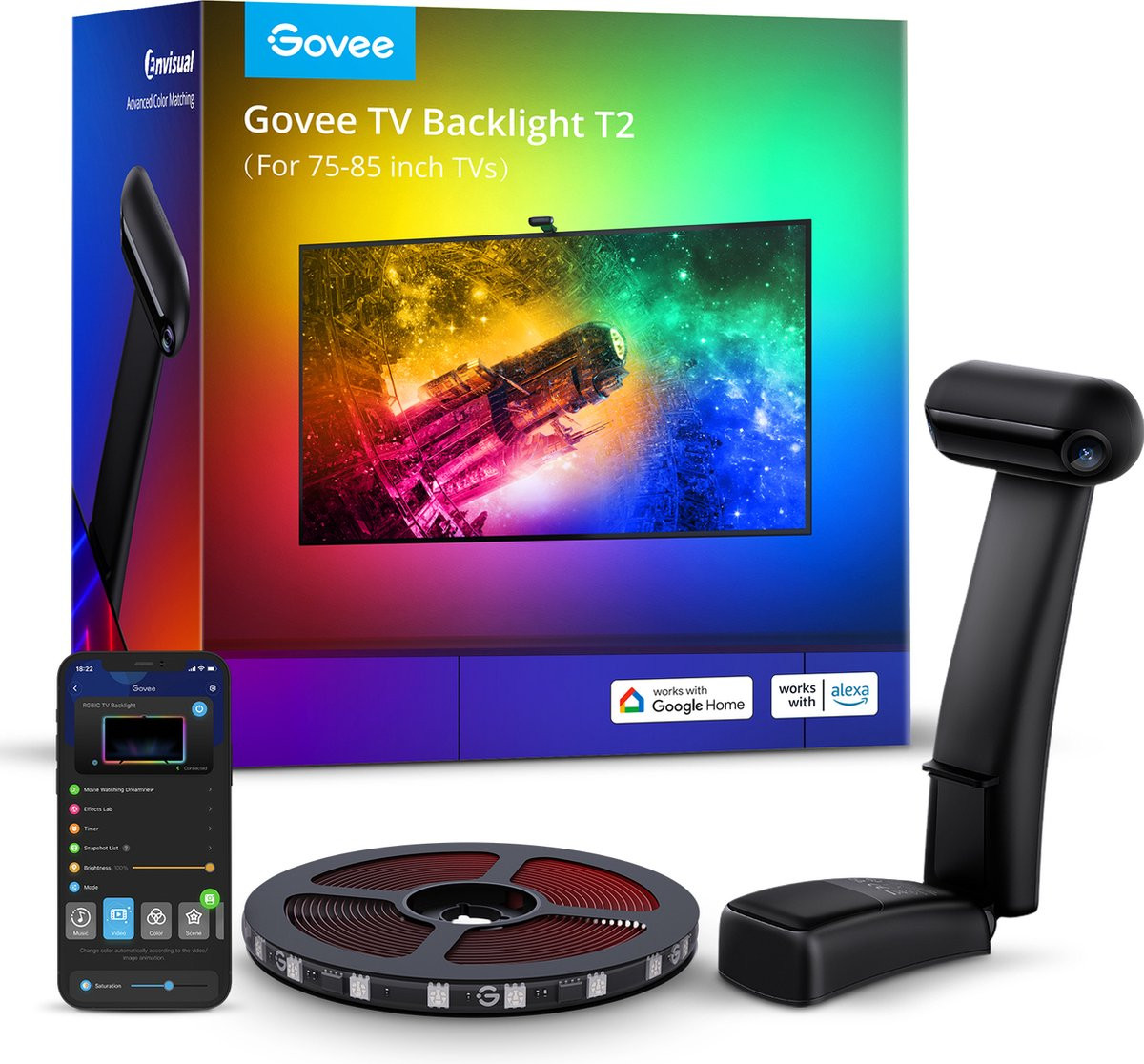 Govee TV Backlight T2 RGBIC LED Strip voor 75–85 inch TV met App-bediening en Alexa/Google ondersteuning