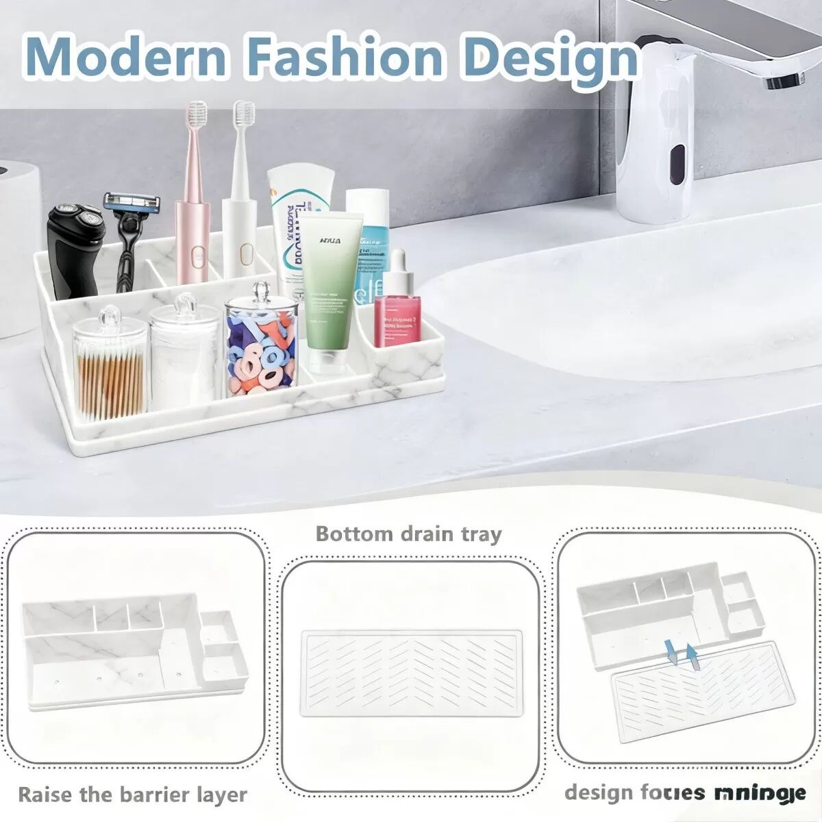 INF 2-in-1 Silikon Badezimmer Zahnbürstenhalter Organizer – Aufbewahrungsbox für Waschtisch mit Abtropfschale Grau
