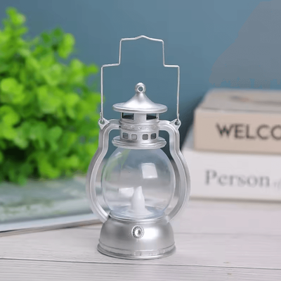Inspire Curations Vintage LED Oil Lamp Portable Battery Powered Hanging Lantern sliver