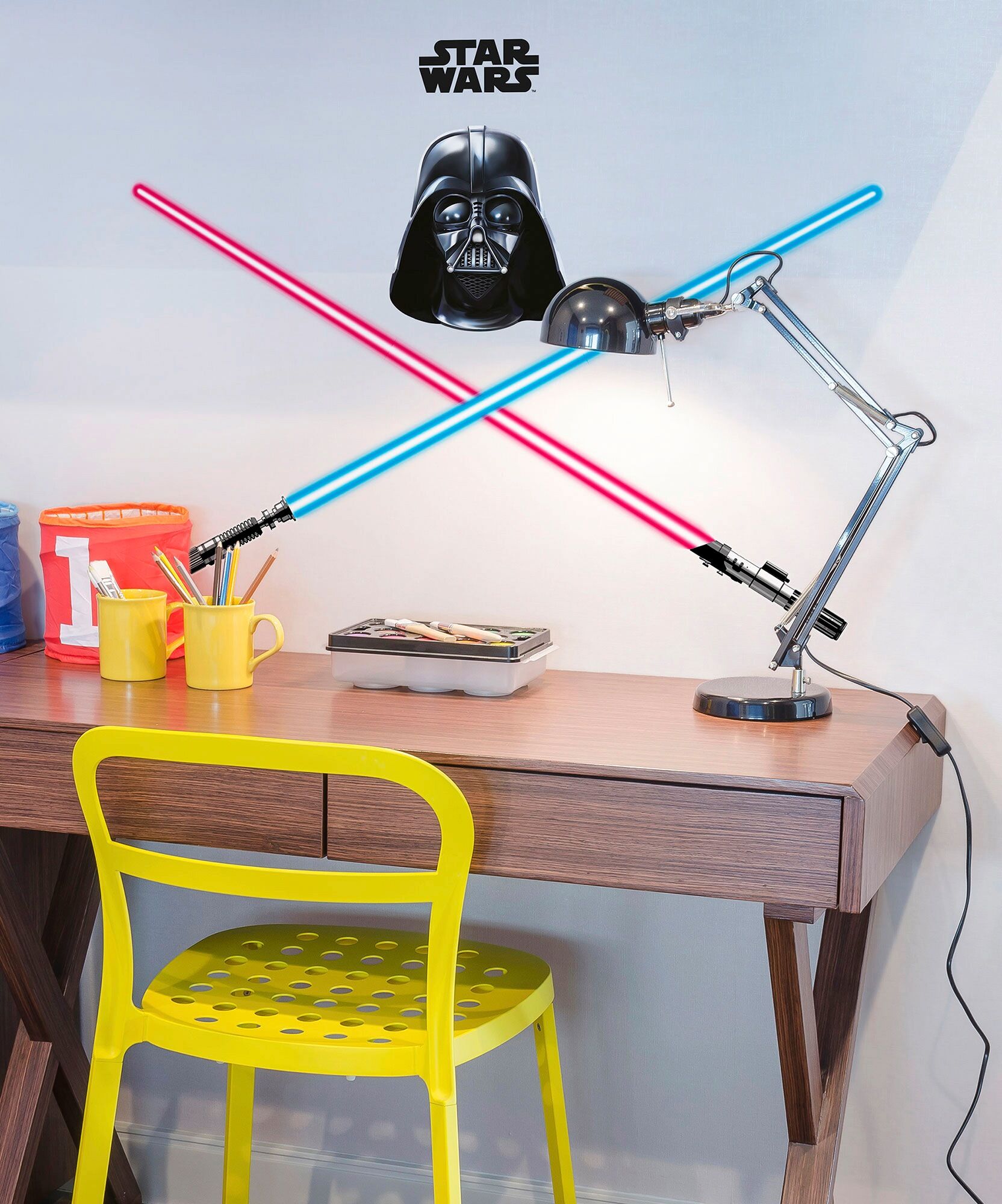 Wandtattoo KOMAR "Star Wars Darth Vader and Lightsaber - Grösse 50 x 70 cm", bunt (schwarz, rot, blau), B:50cm H:70cm, Folie, Wandtattoos, Wandtattoo, selbstklebend, Wandsticker, Kinderzimmer schwarz, rot, blau B/H/T: 50cm x 70cm, Disney