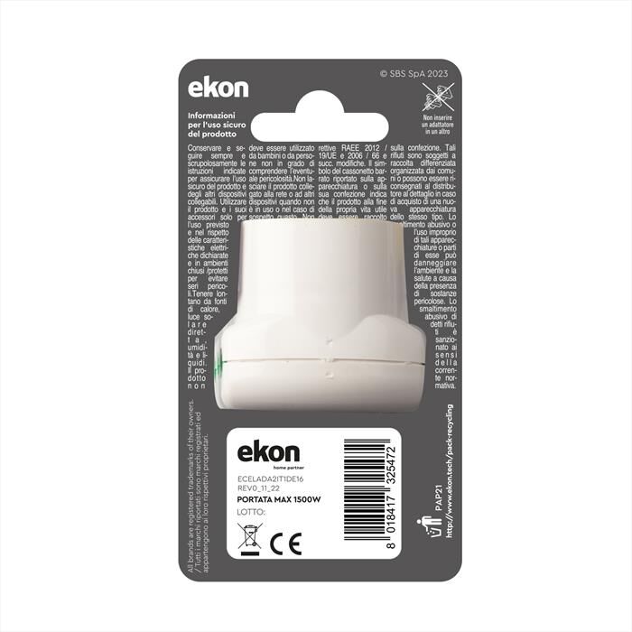 EKON Adattatore Triplo 2 Prese Italiane Ecelada2it1de16-bianco