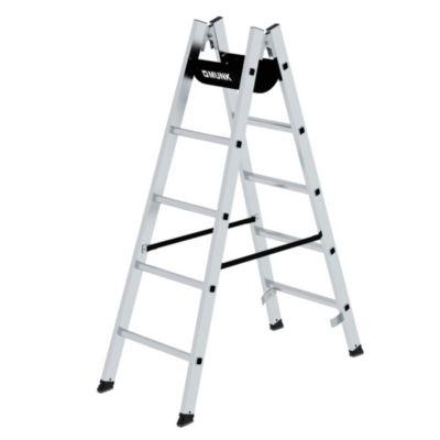 Munk Sprossen-Stehleiter, Aluminium, Rechteckrohr-Holme, geriffelte Sprossen, nivello® Leiterschuhe, max. 150 kg, Polyestergurt-Spreizsicherung, 10 Sprossen