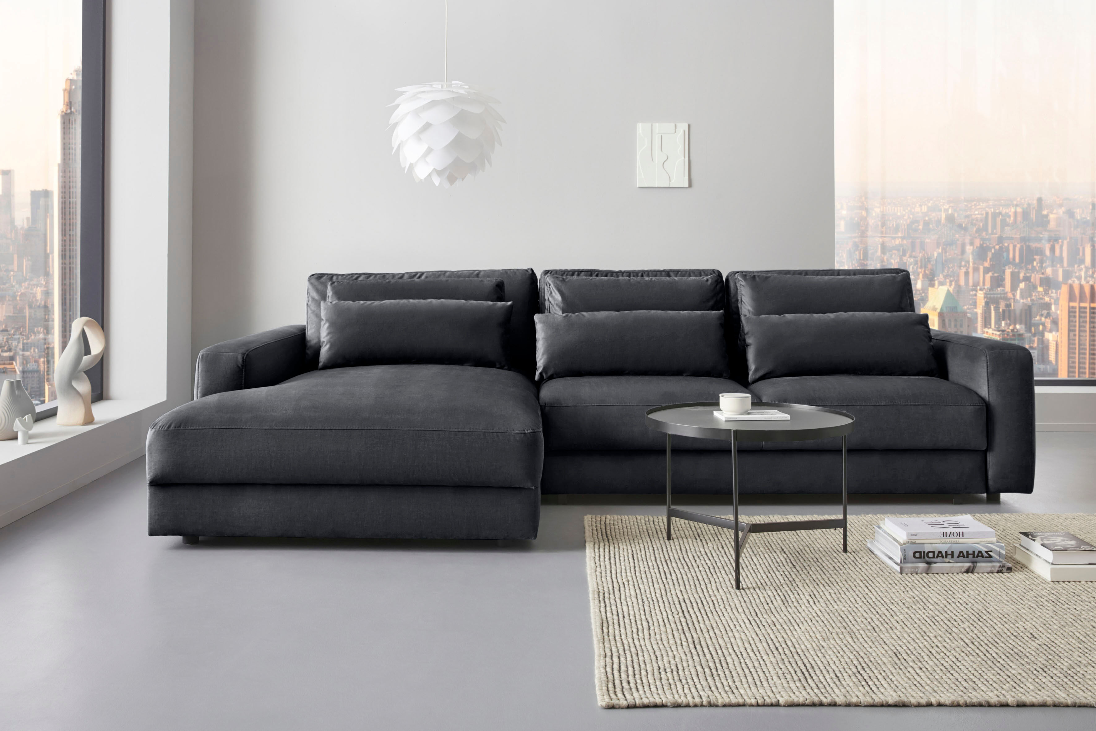 Ecksofa HOME AFFAIRE "Bloomfield, bequem und elegant, Breite 303cm, L-Form", grau (anthrazit), B:303cm H:84cm T:176cm, 100% Polyester, Sofas, Ecksofa, mit Bettfunktion und Bettkasten, Unser Dauertiefpreis anthrazit B/H/T: 303cm x 84cm x 176cm, Velours,meg