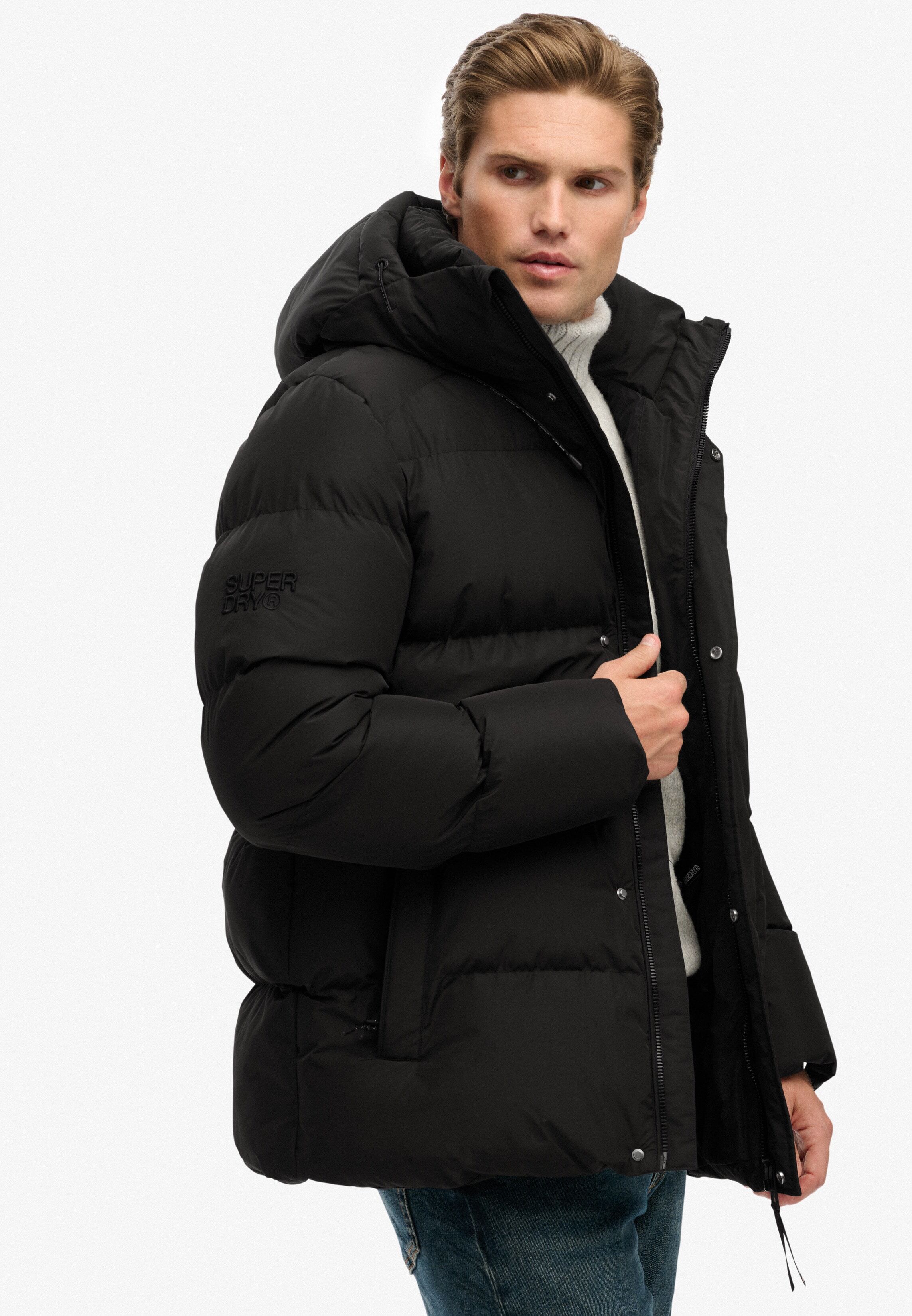 Steppjacke SUPERDRY "HOODED 5 BAFFLE SPORTS PUFFER", Herren, Gr. XL, schwarz, Web, Obermaterial: 100% Polyester, unifarben, relaxed fit normal, Jacken Steppjacke, Kunstfaser, relaxed fit schwarz XL