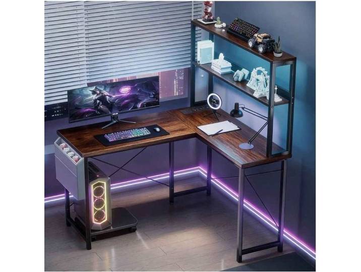 Bureau gamer en L 148cm LED ports USB prises AC étagères réversible bureau informatique gaming bureau d'angle espace rangement