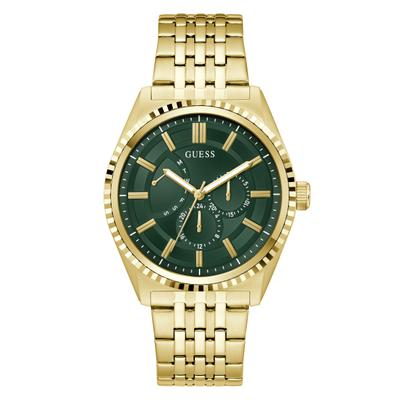 Multifunktionsuhr GUESS "CAMDEN", gold (goldfarben, grün), Armbanduhren, Herren, Quarzuhr, Armbanduhr, Herrenuhr, Edelstahlarmband, analog, Wochentag