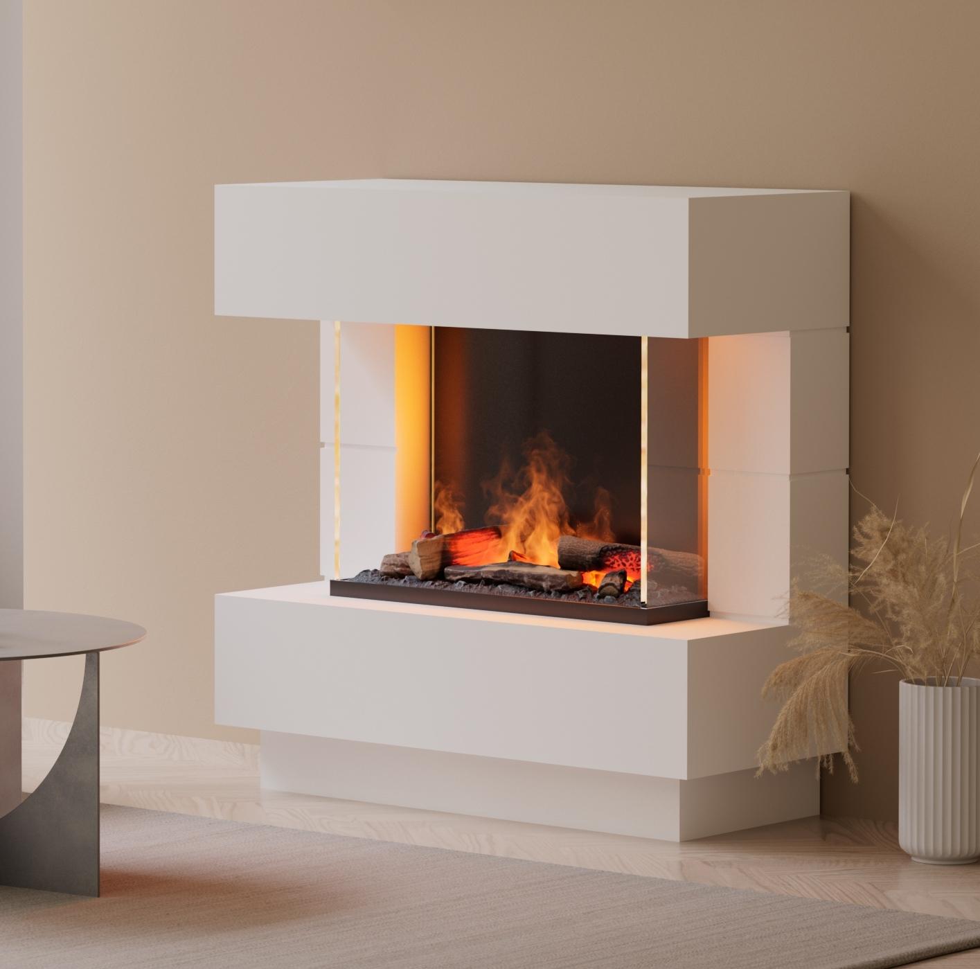 muenkel design London 900 [Elektrokamin Opti-myst]: Weiß (warm) - Ohne Heizung - Dekoholz mit Stehrost (gerade)