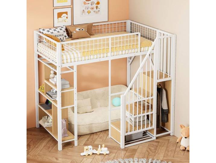 Luscriate - Lit Mezzanine 90x200 Lit Métal avec Escalier Rangement Étagères Gain Place Enfant/Ado - Blanc