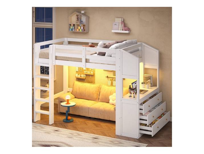 Flieks Hochbett Kinderbett 90x200cm mit 3 Schubladen, LED-Beleuchtung