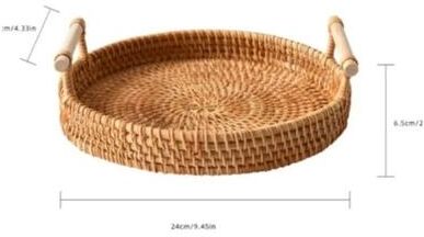 Uplift Picks Handmade Rattan Serving Tray With Handles Round Woven Boho Kitchen Decor 24 Cm