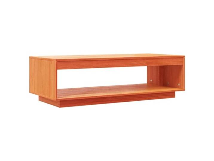 Favemtsl Couchtisch Massivholz Kiefer 110x50x33,5 cm Wachsbraun Rustikaler Wohnzimmertisch aus Holz mit unterer Ablage für Bücher und Fernbedienungen im zeitlosen Landhaus-Stil.
