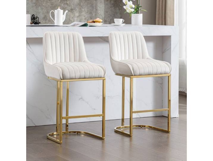 Wahson Chaise de Bar en Velours Chaise Bar Pied Doré Tabouret Bar Lot de 2 Tabouret de Bar avec Coussin Épais Blanc