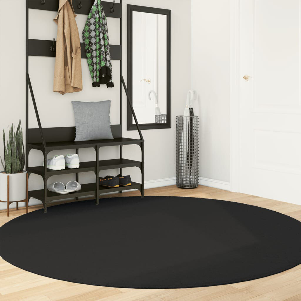 17 Stories Rug "HUARTE" Short Pile Soft and Washable Black Black Round 200cm