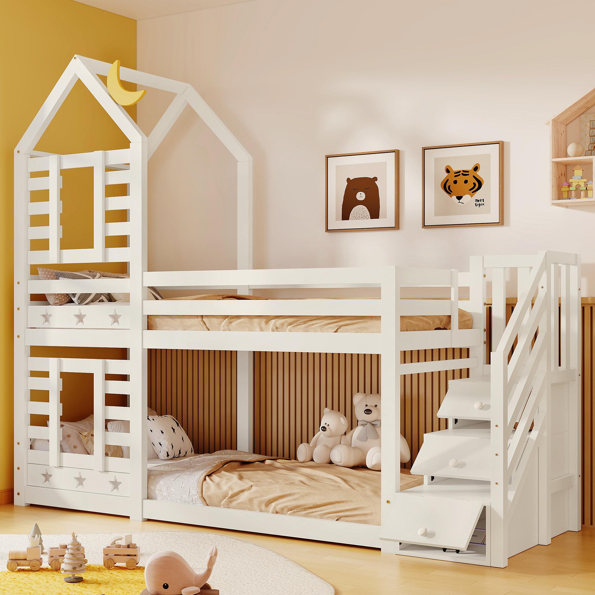 Merax Etagenbett 90x200cm mit Schubladen in Baumhaus, Kinderbett mit Rausfallschutz, Hochbett mit Rausfallschutz für Kinder, 2x Lattenrost, Weiß