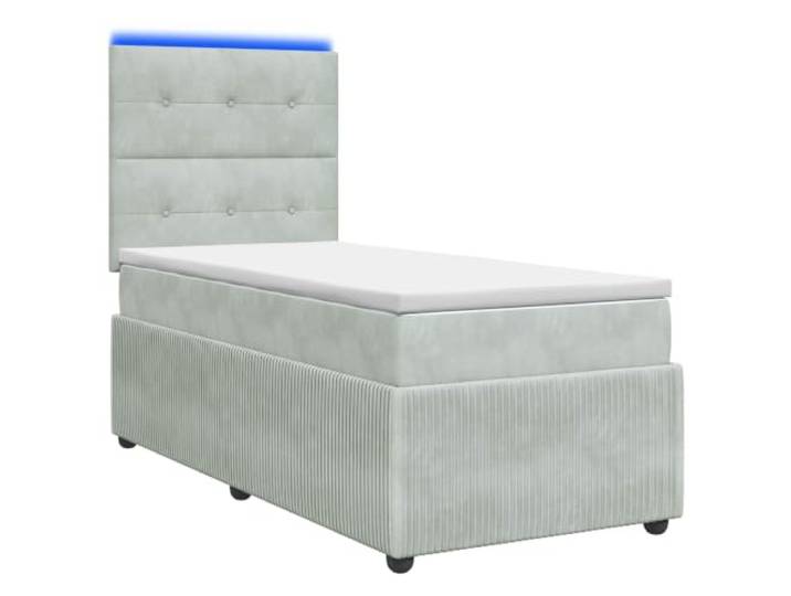 KTHLBRH Boxspringbett mit LED Matratze hellgrau 90 x 190 cm Bezug aus Samt, LED-Lichtern, Gasmechanismus, verstellbares Kopfteil 78/88 cm, Stauraum